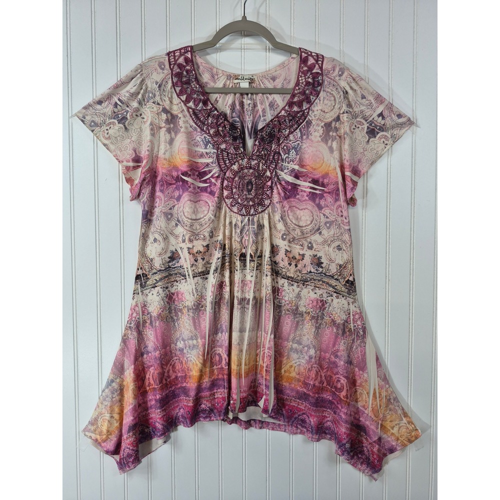 World Unity Pink Paisley Embellished Tunic Top XL Boho Handkerchief Hem Blouse